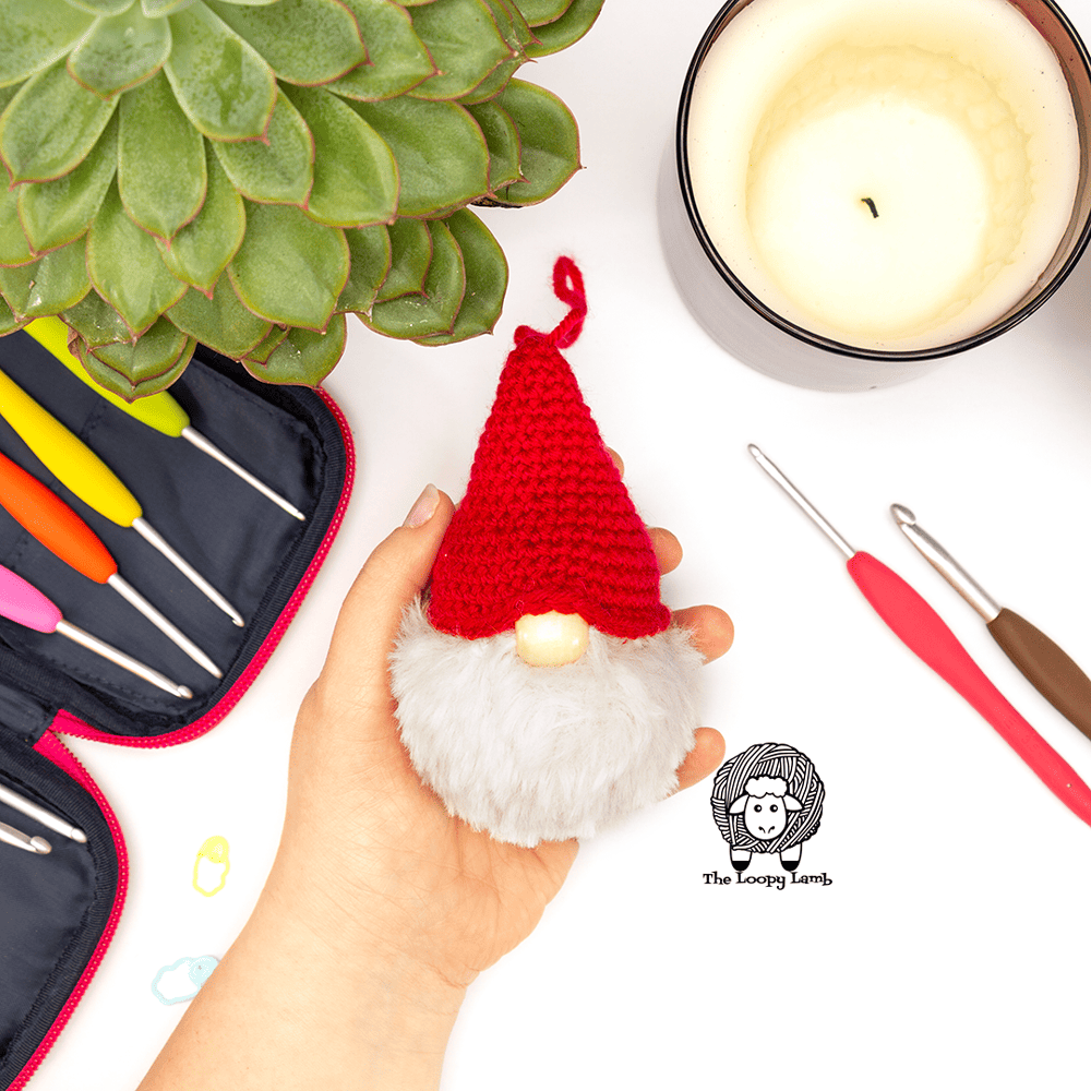 Crochet gnome ornåament made with faux fur yarn