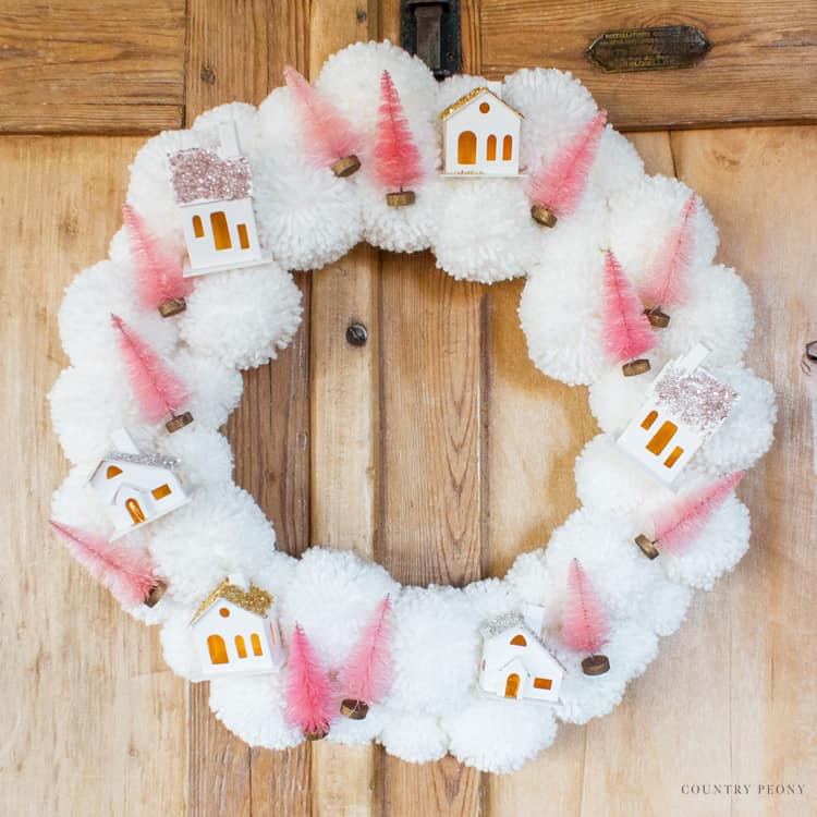 DIY Christmas Village Pom Pom Wreath